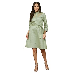 Janasya Womens Sage Green Cotton Embellished A-line