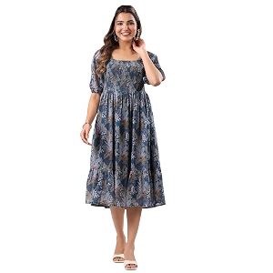 Janasya Womens Teal Georgette Floral Printed Tiered