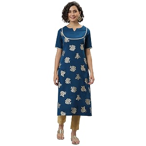 Janasya Womens Teal Gold Printed Poly Crepe
