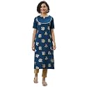 Janasya Women39s Teal Gold Printed Poly Crepe