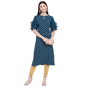 Janasya Womens Teal Poly Crepe Gold Print