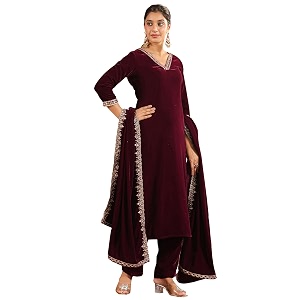 janasya women39s velvet zari embroidered straight kurta set
