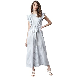 Janasya Womens White Cotton Stripes Jumpsuit