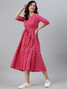Janasya Women Fit and Flare Pink Midi