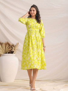Janasya Women Gathered Green Midi Calf Length