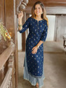 Janasya Women A-line Blue MidiCalf Length Dress