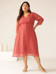 Janasya Women A-line Pink Midi Calf Length
