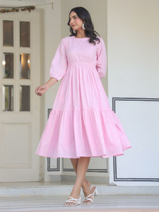 Janasya Women Tiered Pink Midi Calf Length