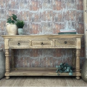 jangid handicraft solid wood console table for living room  entryway hallway sofa amp fish tank table with 3 drawer storage  antique rectangular design  natural distress finish