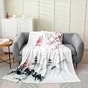 Japanese Style Bed Blanket,Red Sakura Sunset Mountain Scenery Flannel Blanket for Bedroom Decor,Retro Ink Landscape Painting Bedding Set for Kids Adults,Super Soft,Twin 60"x80"