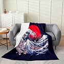 Japanese Style Throw Blanket,Sea Waves with Sunrise Flannel Blanket for Room Decor,Ukiyoe Ocean Soft Bedding Set,All Seasons Super Soft,Queen 90"x90"