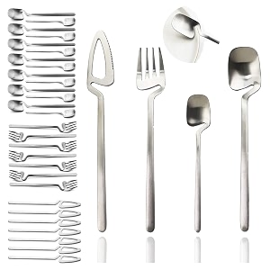 jashii flatware set 32-piece silverware set matte finished cutlery set service for 8 include knifeforkspooncoffee spoon dishwasher safe silver