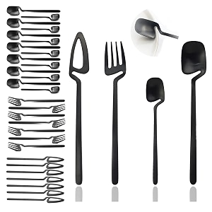 jashii flatware set 32-piece silverware set matte finished cutlery set service for 8 include knifeforkspooncoffee spoon dishwasher safe black