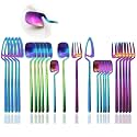 JASHII Silverware Set Satin Finish 24-Piece Stainless Steel Flatware Set Kitchen Utensil Set Service for 6 Tableware Cutlery Set Dishwasher Safe (Matte Rainbow)
