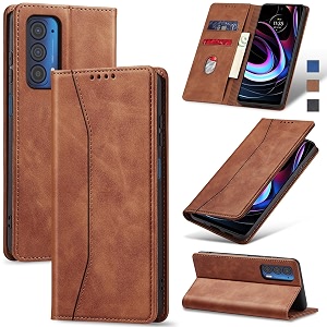 jasonyu flip wallet case for motorola edge 5g uwmoto edge 2021leather magnetic folio cover with card holderkickstand - tpu shockproof durable protective phone casebrown