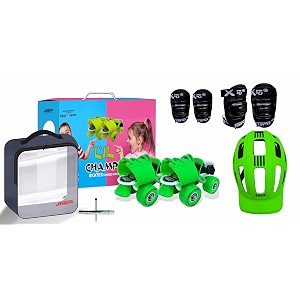 jaspo l39il champs baby kids quad adjustable junior roller outdoor wheel skates combosuitable for age group upto 5yrs green