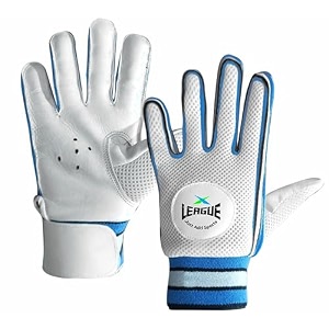 jaspo league cricket batting gloves 1 pair-for beginnerscomfort  leather palmnylon stitchair ventselastic towel wrap for adultsenior age group-recommended for soft ball only m blue white