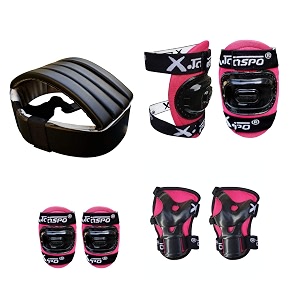 jaspo secure skating protective bundle head knee elbow wrist cum palm guard set for age group up to 14 years pink