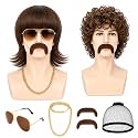 JATEBI 80s Retro Wig for Men, 2 Set Brown Afro Curly Mullet Wig