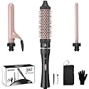 javelove Curling Iron Set with Thermal Brush Ceramic Curling Wand (0.51"-1.5"), 2 Interchangeable Ceramic Wands Create straightening & Natural & Wavy Curls, Dual Voltage Tourmaline Ionic Hair Curler