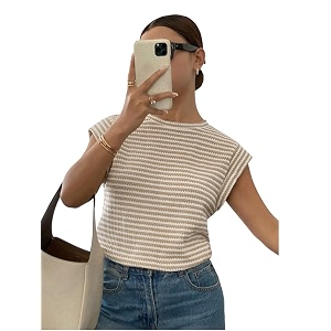 jawdrobe womens striped western top round neck cap sleeve t-shirt for women