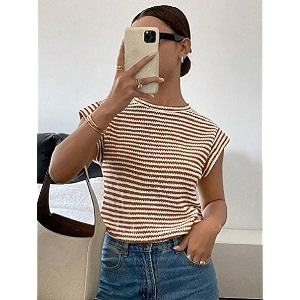 jawdrobe womens striped western top round neck cap sleeve t-shirt for women