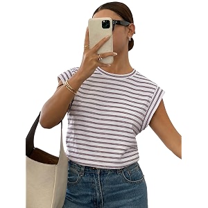 jawdrobe womens striped western top round neck cap sleeve t-shirt for women