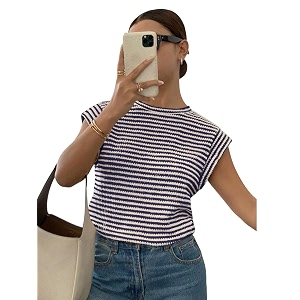 jawdrobe womens striped western top round neck cap sleeve t-shirt for women