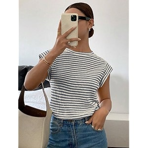 jawdrobe womens striped western top round neck cap sleeve t-shirt for women