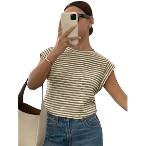 jawdrobe womens striped western top round neck cap sleeve t-shirt for women