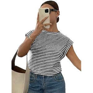 jawdrobe womens striped western top round neck cap sleeve t-shirt for women