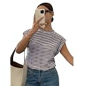 Jawdrobe Women’s Striped Western Top Round Neck Cap Sleeve T-Shirt for Women