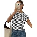 Jawdrobe Women’s Striped Western Top Round Neck Cap Sleeve T-Shirt for Women