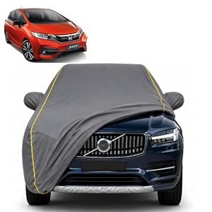 jazz 100 waterproof car cover  dustproof sun protection cover  soft cotton lining  triple stitched  mirror pocket  antenna pocket  all weather body cover grey with yellow piping