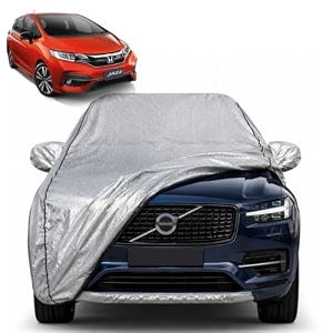 jazz 100 waterproof car cover  dustproof sun protection cover  soft cotton lining  triple stitched  mirror pocket  antenna pocket  all weather body cover silver with yellow piping