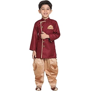 jbn creation boys cotton blend indowestern sherwani and dhoti set  angrakha style indo-western full sleeves sherwani with cowl style patiala dhoti pant set
