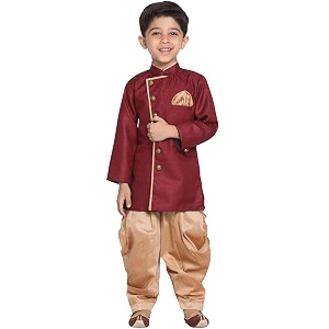 jbn creation boys cotton blend indowestern sherwani and dhoti set  angrakha style indo-western full sleeves sherwani with cowl style patiala dhoti pant set