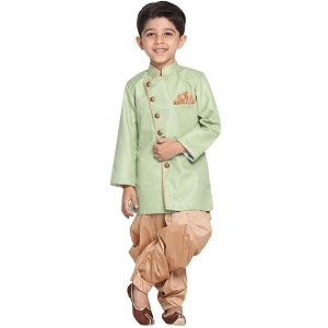 jbn creation boys cotton blend indowestern sherwani and dhoti set  angrakha style indo-western full sleeves sherwani with cowl style patiala dhoti pant set