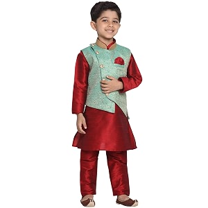 jbn creation green cotton silk blend boys nehru modi jacket