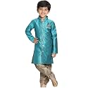 JBN Creation Green Cotton Silk Blend Boys Indo Wstern Style Sherwani Set