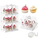 JCD 4 Pack Clear Cupcake Boxes, Plastic Cupcake Containers with Gift Ribbon, 5.5inches height Holder 6 Count Cup Cake Boxes for Parties, Baking, Wedding, Transport (6count/4pcs)