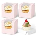 JCD 70 packs Pink Cupcake Boxes Individual Cupcake Container 3.5" x 3.5" x 3.5" Auto-Pop up Single cake Box for Bakery Gift Giving(70 Boxes+70 Inserts) (Pink/70Pcs)