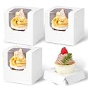 JCD 70pcs Cupcake Boxes, 3.5inches Auto-Pop up Single Individual Pre-Assembled White Cake Boxes with Window and Inserts Single Cupcake Containers for Birthdays, Wedding(White/70Pcs)