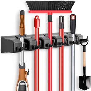 jd fresh 5 slot amp 6 hook plastic mop and broom holder wall mount anti slip heavy duty waterproof broomstick hanger stand organizer tool kitchen home garden bathroom grey