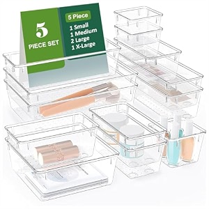 jd fresh 5 pieces 4 size transparent drawers organisersunbreakable drawer organizer traymulti-purpose makeup organizerdrawer divider tray for kitchenbedroomoffice - acrylic