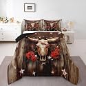 jejeloiu Cow Skull Comforter Set King Size Western Bedding Set for Kids Boys Girls Wild West Rose Duvet Quilt Bedroom Decor Microfiber 3 Pcs with 2 Pillow Cases