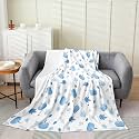 jejeloiu Fall Pumpkin Flannel Fleece Throw Blanket Rustic Throw 50"x60" Farmhouse Autumn Maple Leaves Fleece Throw Blanket Vintage Country for Bed Couch Chair Living Room Blue White Bedroom Decor