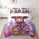 jejeloiu Highland Cow Comforter Set Full Size 7 Pieces Highland Cattle Bedding Set Kids Purple Bed in a Bag with Comforter, Sheets, Pillowcases, Cushion Covers Quilted Breathable Soft Lightweight
