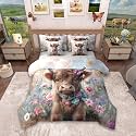 jejeloiu Highland Cow Comforter Set Queen Size 7 Pieces Highland Cattle Bedding Set Kids Flower Bed in a Bag with Comforter, Sheets, Pillowcases, Cushion Covers Quilted Breathable Soft Lightweight