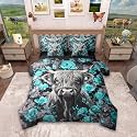 jejeloiu Highland Cow Comforter Set with Sheets 7 Piece Queen Size Highland Cattle Bed in a Bag Kids Boys Girls Teal Rose Bedding Set Bedroom Decor Breathable Soft Lightweight Microfiber